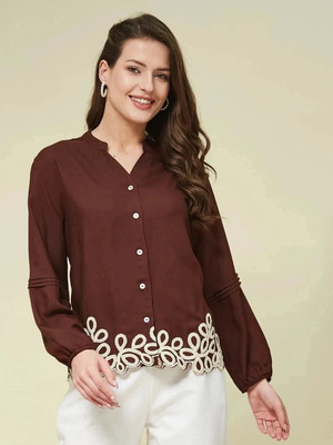 J TURRITOPSIS Women Embroidered Casual Brown Shirt