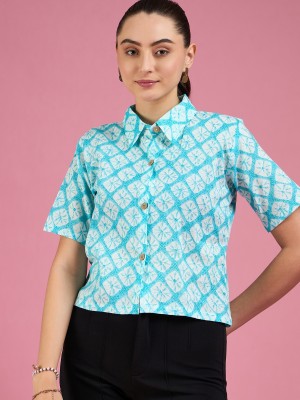 Dressberry Women Printed Casual Blue, White Shirt