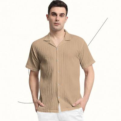 METRON Men Self Design Casual Cream Shirt