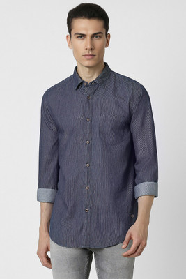 PETER ENGLAND Men Striped Casual Dark Blue Shirt