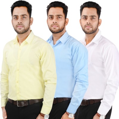 CRAFT HEAVEN Men Solid Casual Beige, Light Blue, White Shirt(Pack of 3)