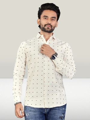 Stellalifestyle Men Printed Formal Cream Shirt