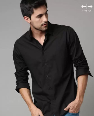 MOONBELL Men Solid Casual Black Shirt