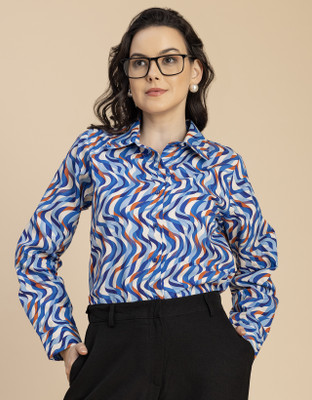 moomaya Women Printed Casual Blue Shirt