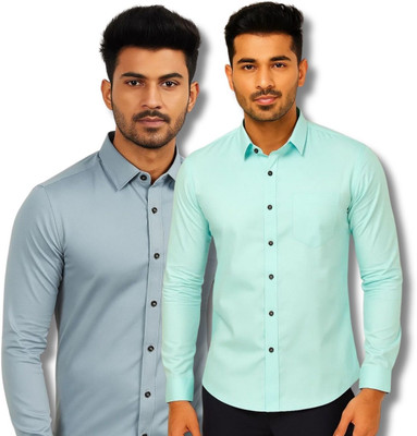 EchoWear Men Solid Casual Grey, Light Blue Shirt(Pack of 2)