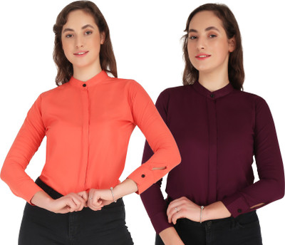 Giggles Women Solid Casual Purple, Red Shirt(Pack of 2)