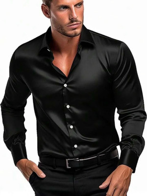 SEVENTEENSTITCH Men Solid Formal Black Shirt