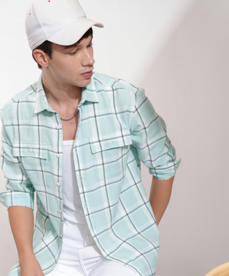 HIGHLANDER Men Checkered Casual Light Green Shirt