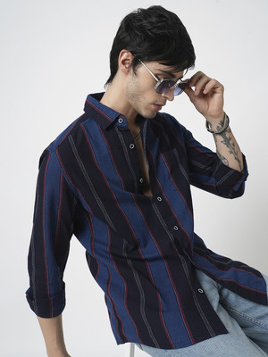 VASTRADO Men Striped Casual Dark Blue Shirt