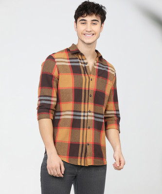 HIGHLANDER Men Checkered Casual Brown, Yellow Shirt