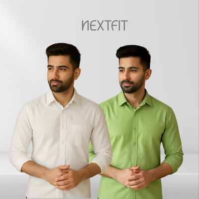 Nextfit Men Solid Casual White, Green Shirt(Pack of 2)