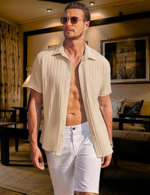 devkivastra Men Self Design Casual Beige Shirt