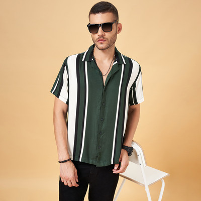 PEOPLE Men Striped Casual Green Shirt