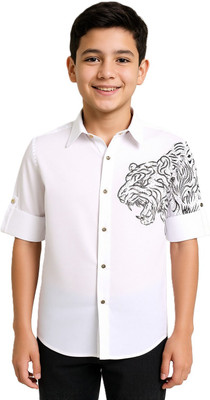 Charchit Boys Animal Print Casual White Shirt