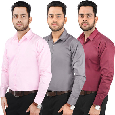 CRAFT HEAVEN Men Solid Casual Maroon, Pink, Grey Shirt(Pack of 3)
