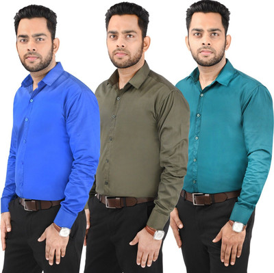 CRAFT HEAVEN Men Solid Casual Dark Green, Blue, Green Shirt(Pack of 3)