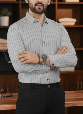 MOJAMEDI Men Striped Formal Grey Shirt