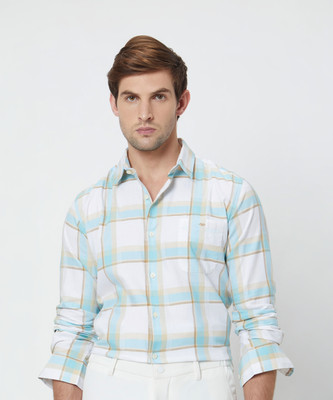 MUFTI Men Checkered Casual Light Blue, Beige, White Shirt