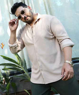 Instafab Plus Men Solid Casual Beige Shirt