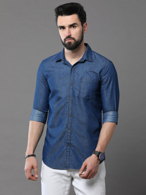 ZHAO Men Solid Casual Blue Shirt
