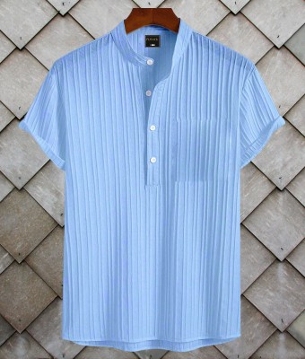 FUBACK Men Self Design Casual Light Blue Shirt