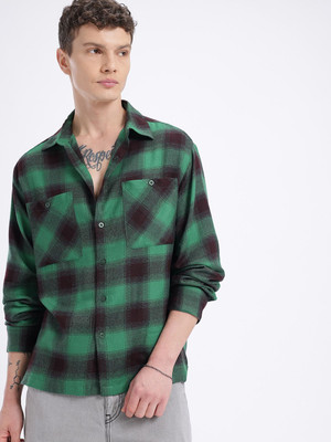 Glitchez Men Checkered Casual Green Shirt