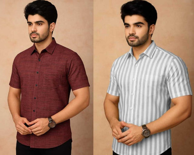 FIVRSTARFASHION Men Striped Casual Maroon, Grey Shirt(Pack of 2)