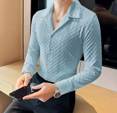 Hityyani Men Self Design Formal Blue Shirt