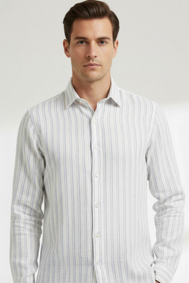 Sylora Men Striped Casual Gold, White Shirt