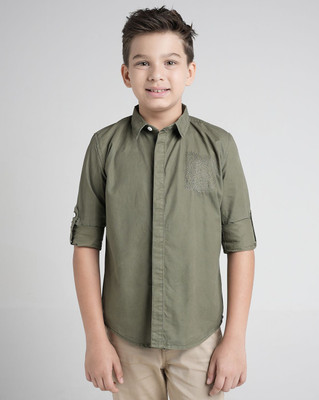 Under Fourteen Only Boys Solid Casual Green Shirt