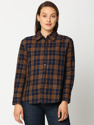 Go Sexy Women Checkered Casual Dark Blue, Orange Shirt