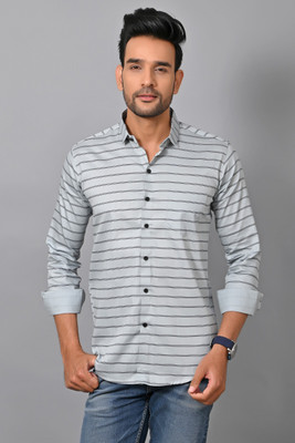 TitleNine Men Striped Casual Grey Shirt