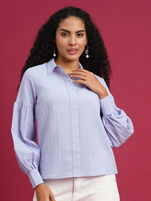 all about you Women Solid Formal Blue Shirt