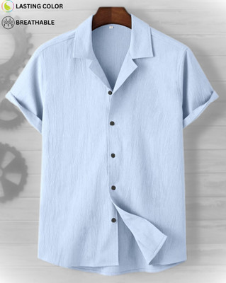 FUBACK Men Solid Casual Light Blue Shirt