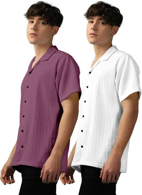 OXXOM Men Self Design Casual Pink, White Shirt(Pack of 2)