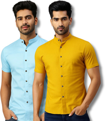 COTTONCHHAP Men Solid Casual Light Blue, Yellow Shirt(Pack of 2)