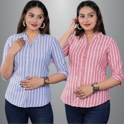 FABISHO Women Striped Casual Pink, White, Light Blue Shirt(Pack of 2)