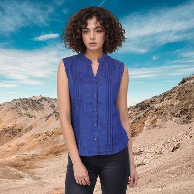 Wingzss Women Solid Casual Blue Shirt