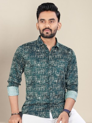 HouseOfCommon Men Printed Casual Green, White Shirt