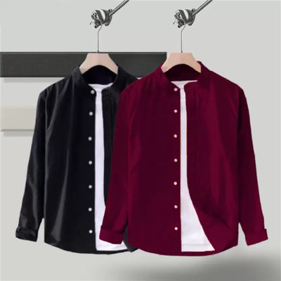 PROTOCOL Men Solid Casual Black, Maroon Shirt(Pack of 2)