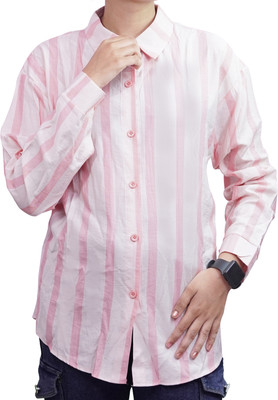 RKNMH Women Striped Casual Pink Shirt