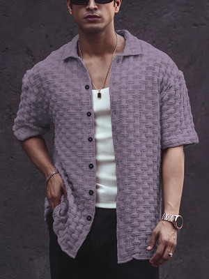 Hemline Men Self Design Casual Purple Shirt