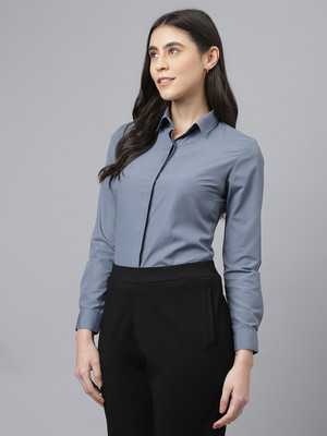 English Navy Women Self Design Formal Blue Shirt