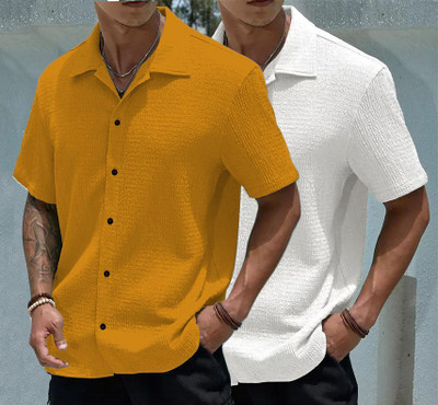 bollydolldesigner Men Solid Casual Yellow, White Shirt(Pack of 2)