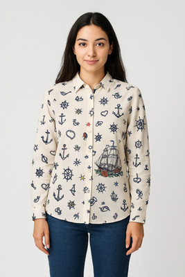 AAVYNA Women Solid, Printed Casual Cream Shirt