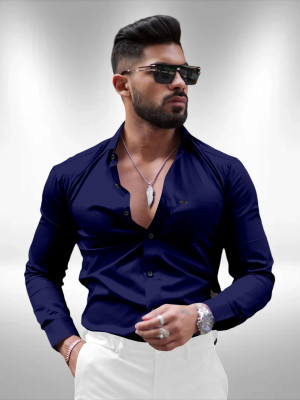 Growwax Men Solid Formal Dark Blue Shirt