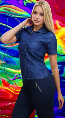 Wingzss Women Solid Casual Blue Shirt
