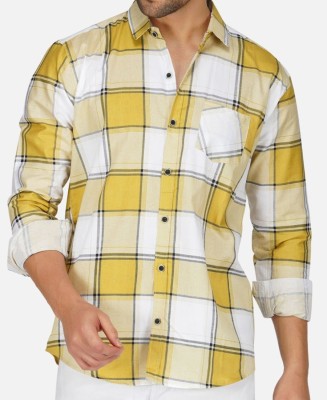 BASE 41 Men Checkered Casual Yellow Shirt