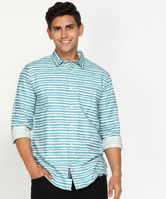 PROVOGUE Men Striped Casual Blue, Beige Shirt