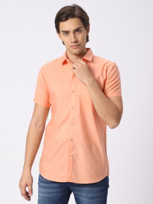 N AND J Men Solid Casual Orange Shirt